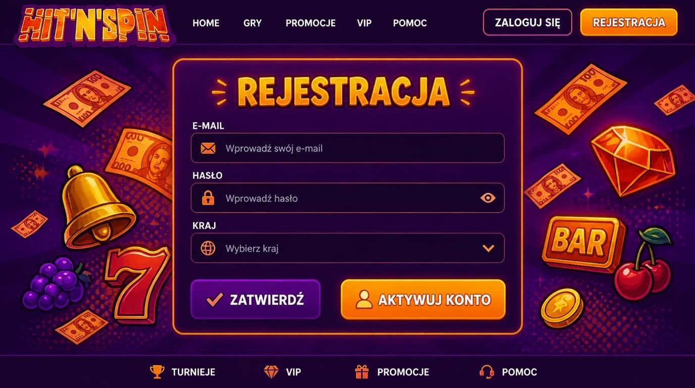 formularz rejestracyjny kasyna hitnspin z przyciskiem rejestracji i polami do wprowadzenia danych