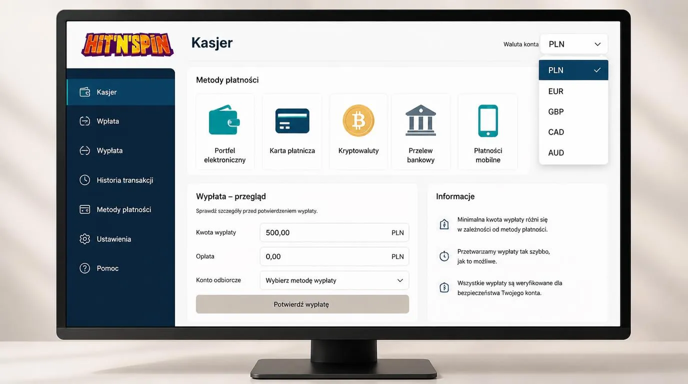 Panel kasjera z kategoriami płatności, walutą PLN i podsumowaniem zlecenia wypłaty