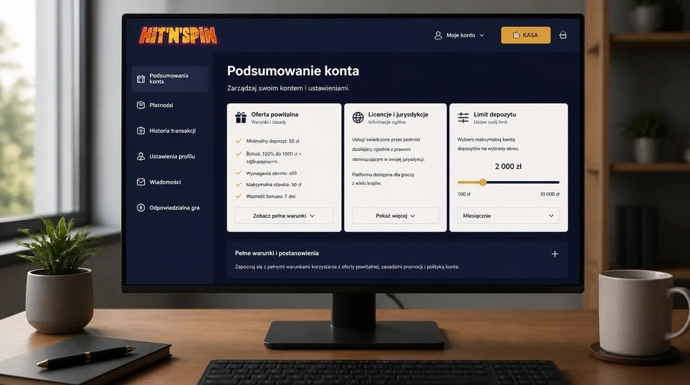 Panel kasyna z warunkami oferty powitalnej, informacją o licencji międzynarodowej i ustawieniem limitu wpłat