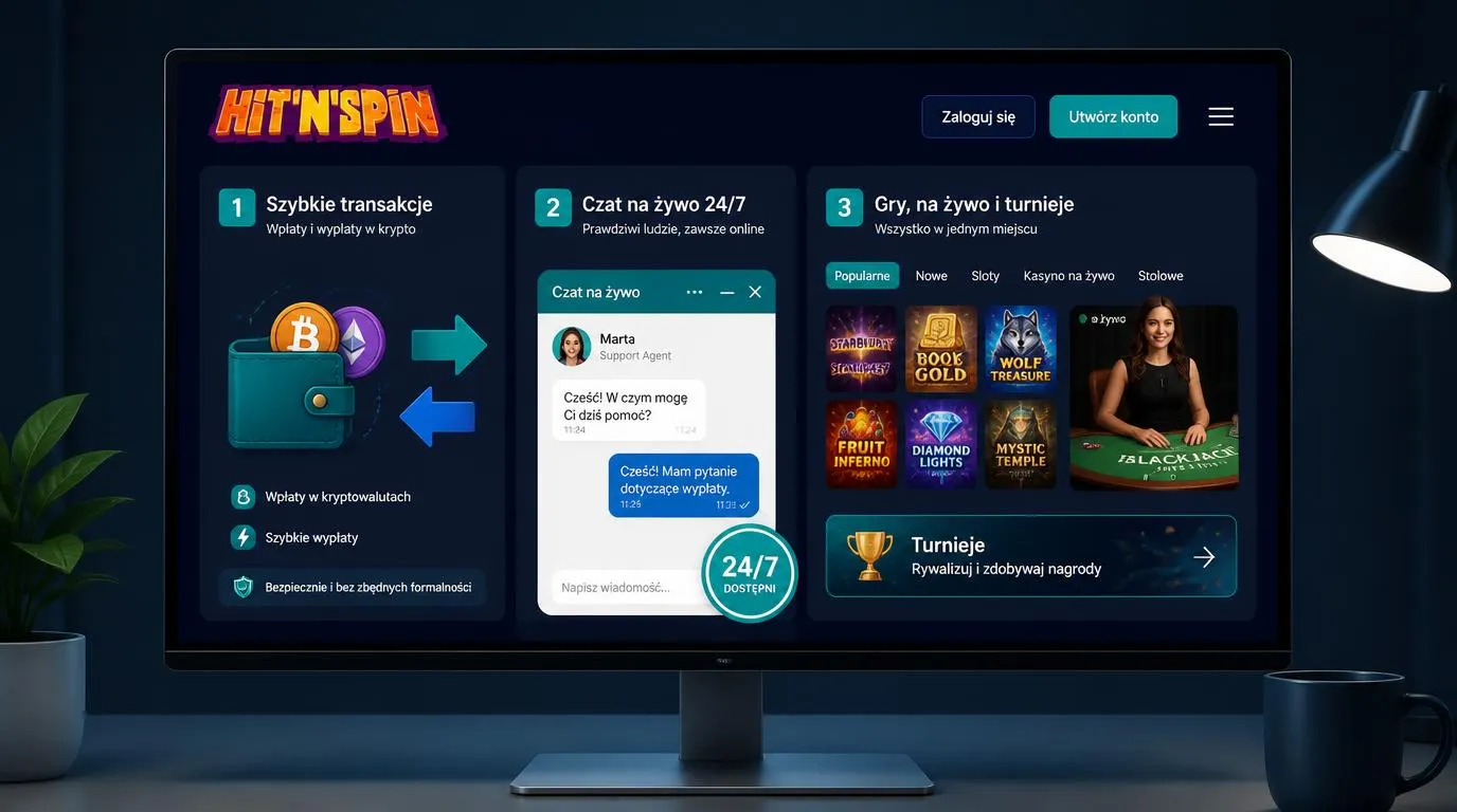 Panel kasyna z wpłatą i wypłatą kryptowalut, czatem 24/7, stołem z krupierem i turniejami