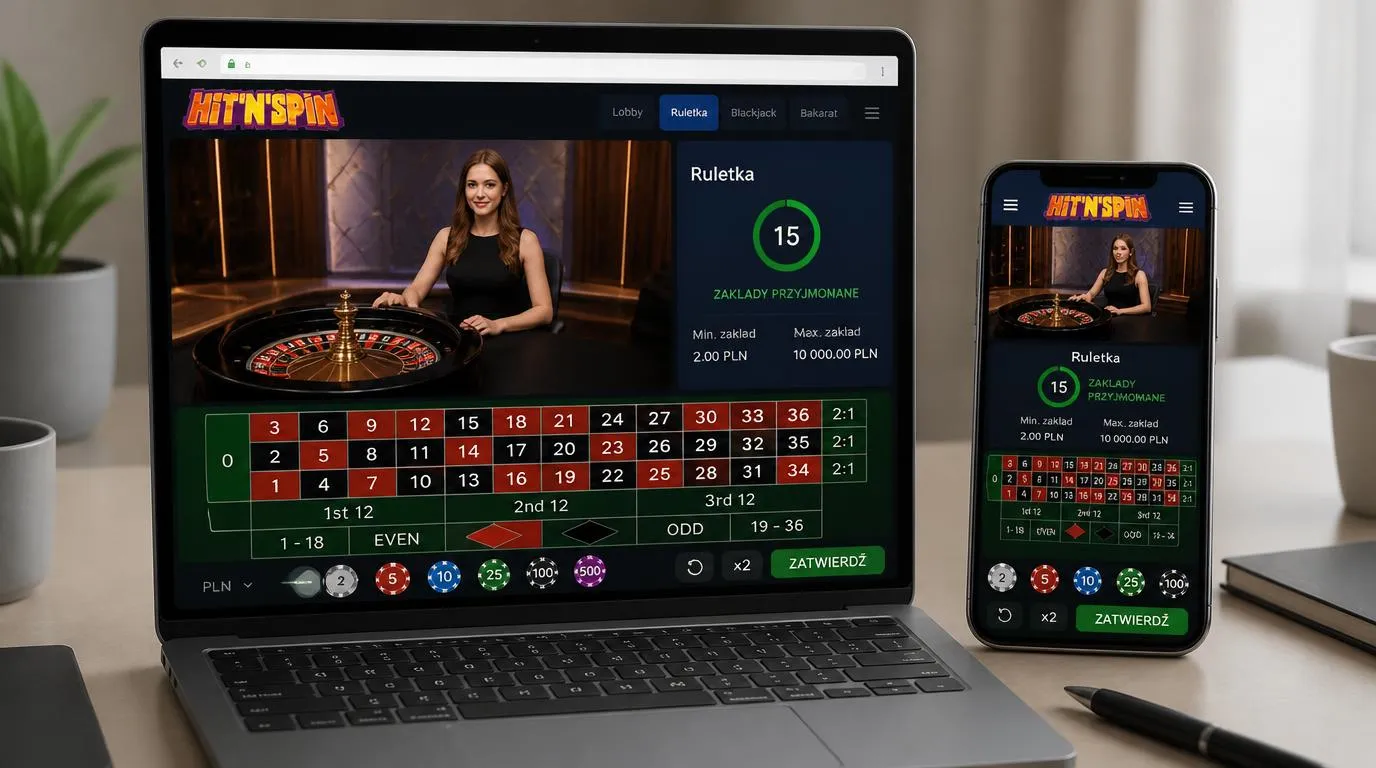 Lobby kasyna na żywo na laptopie i telefonie z podglądem ruletki oraz widocznymi limitami stawek